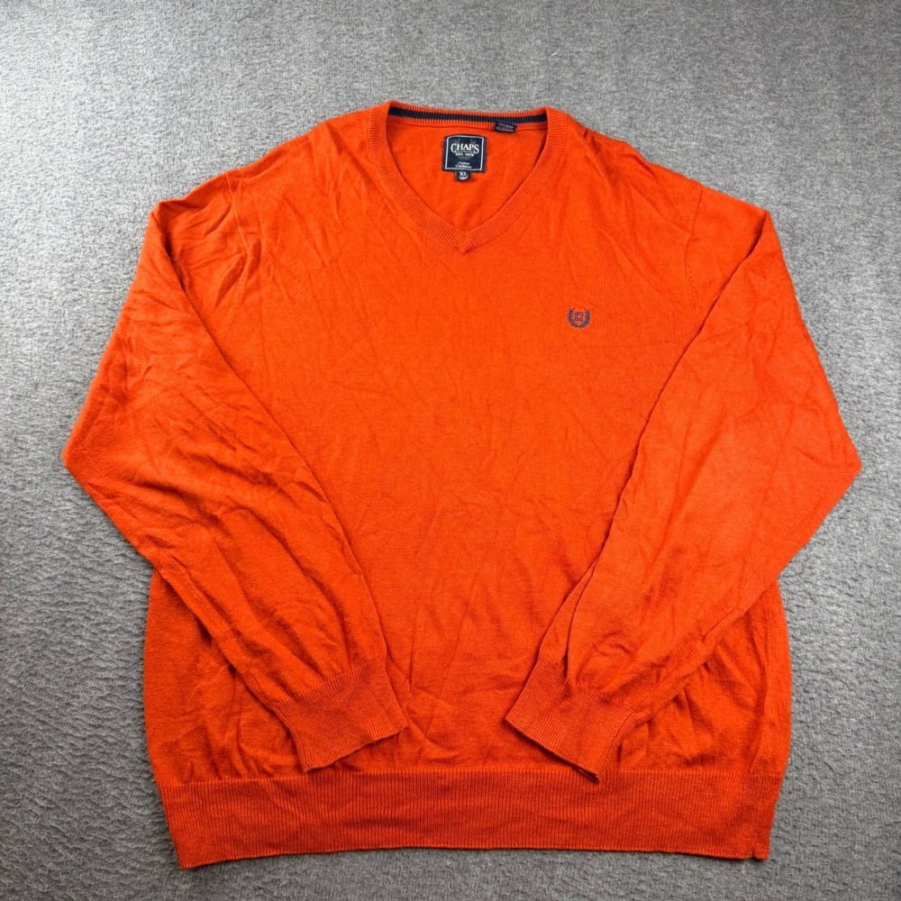 Chaps V-Neck Sweater Men's XL Orange Cotton Cashmere Knit Pullover Logo